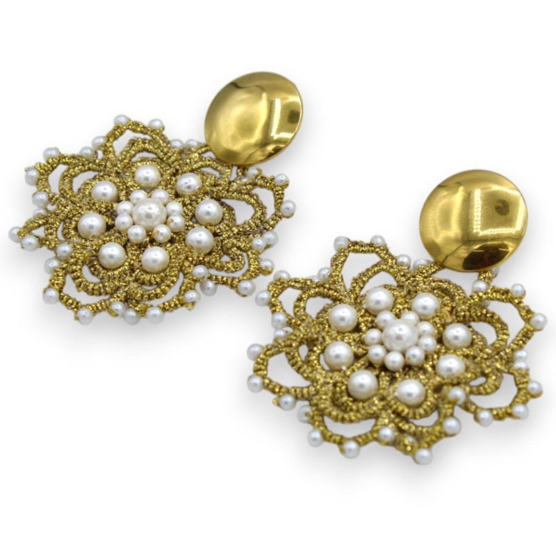 Tatting lace earrings - approx. 7 cm high with natural pearls and a brass disc hook - 