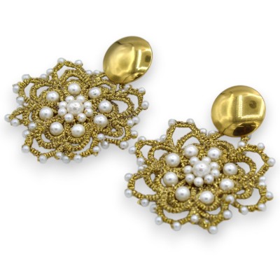 Tatting lace earrings - approx. 7 cm high with natural pearls and a brass disc hook - 