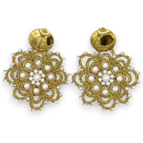 Pendientes de encaje de frivolité - aprox. 7 cm de alto con perlas naturales y gancho de disco de latón - 