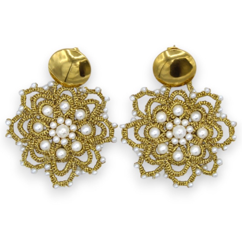 Tatting lace earrings - approx. 7 cm high with natural pearls and a brass disc hook - 