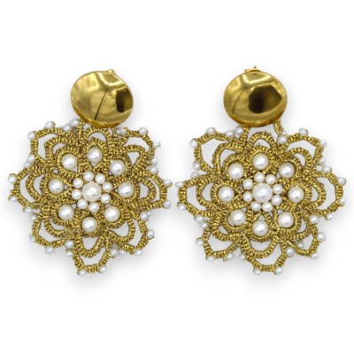 Tatting lace earrings - approx. 7 cm high with natural pearls and a brass disc hook - 