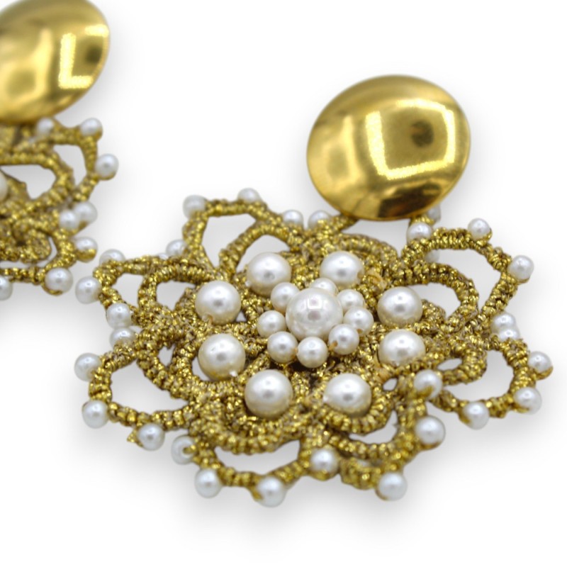 Tatting lace earrings - approx. 7 cm high with natural pearls and a brass disc hook - 