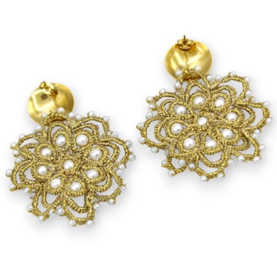 Tatting lace earrings - approx. 7 cm high with natural pearls and a brass disc hook - 