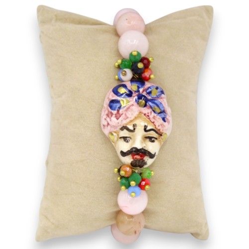 Pulseira com esferas de ágata rosa, comprimento aproximado de 18 cm. Cabeça de mouro siciliano, cerâmica Caltagirone, es 2