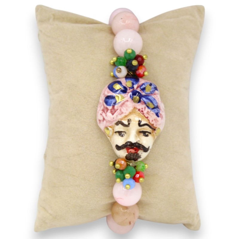 Pulsera con esferas de ágata rosa, longitud aprox. 18 cm. Cabeza de moro siciliano, cerámica de Caltagirone, esmalte dor