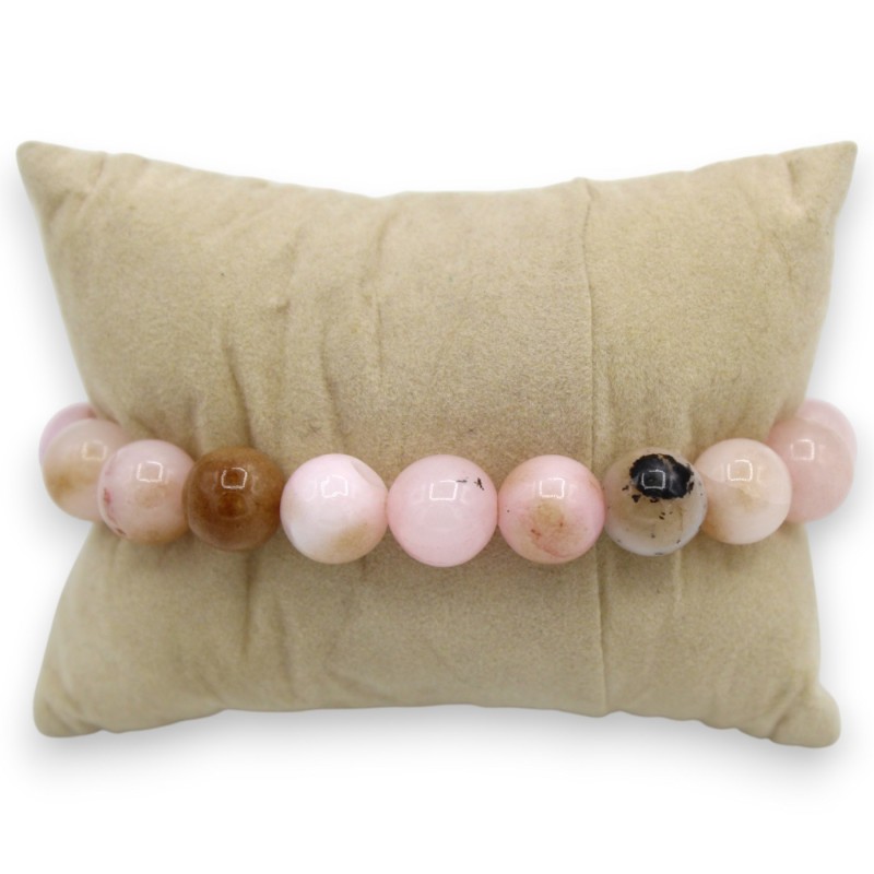 Pulsera con esferas de ágata rosa, longitud aprox. 18 cm. Cabeza de moro siciliano, cerámica de Caltagirone, esmalte dor