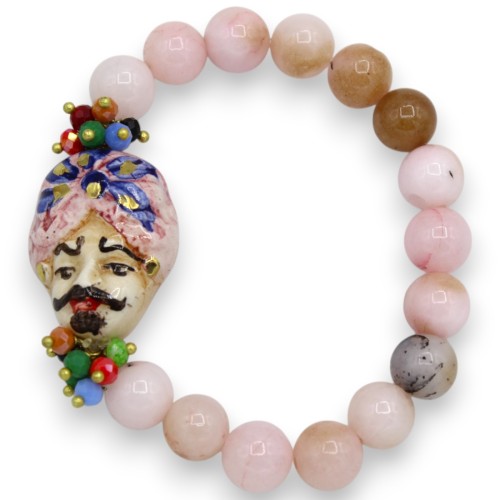 Pulseira com esferas de ágata rosa, comprimento aproximado de 18 cm. Cabeça de mouro siciliano, cerâmica Caltagirone, es