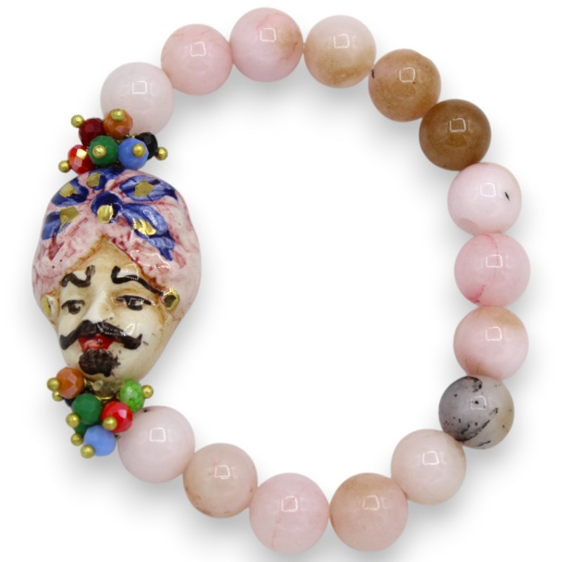 Pulsera con esferas de ágata rosa, longitud aprox. 18 cm. Cabeza de moro siciliano, cerámica de Caltagirone, esmalte dor