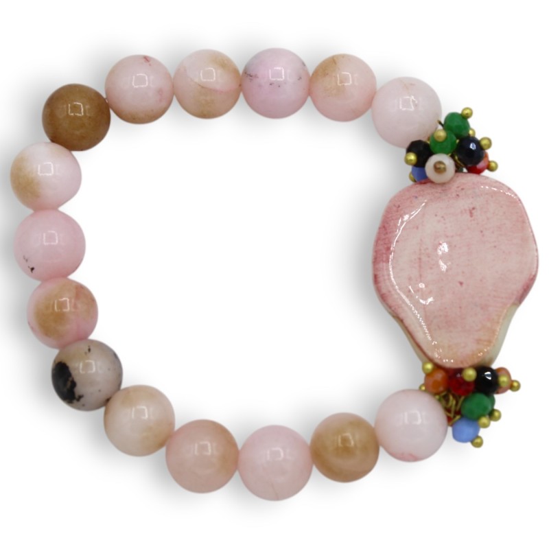 Pulsera con esferas de ágata rosa, longitud aprox. 18 cm. Cabeza de moro siciliano, cerámica de Caltagirone, esmalte dor