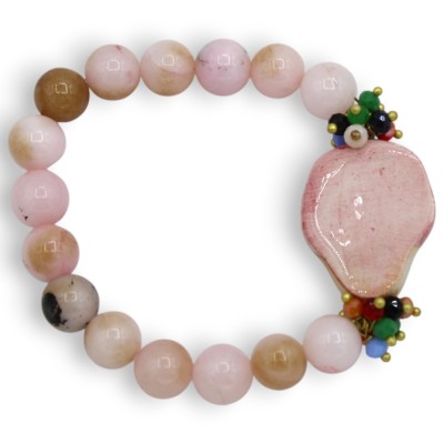Pulsera con esferas de ágata rosa, longitud aprox. 18 cm. Cabeza de moro siciliano, cerámica de Caltagirone, esmalte dor