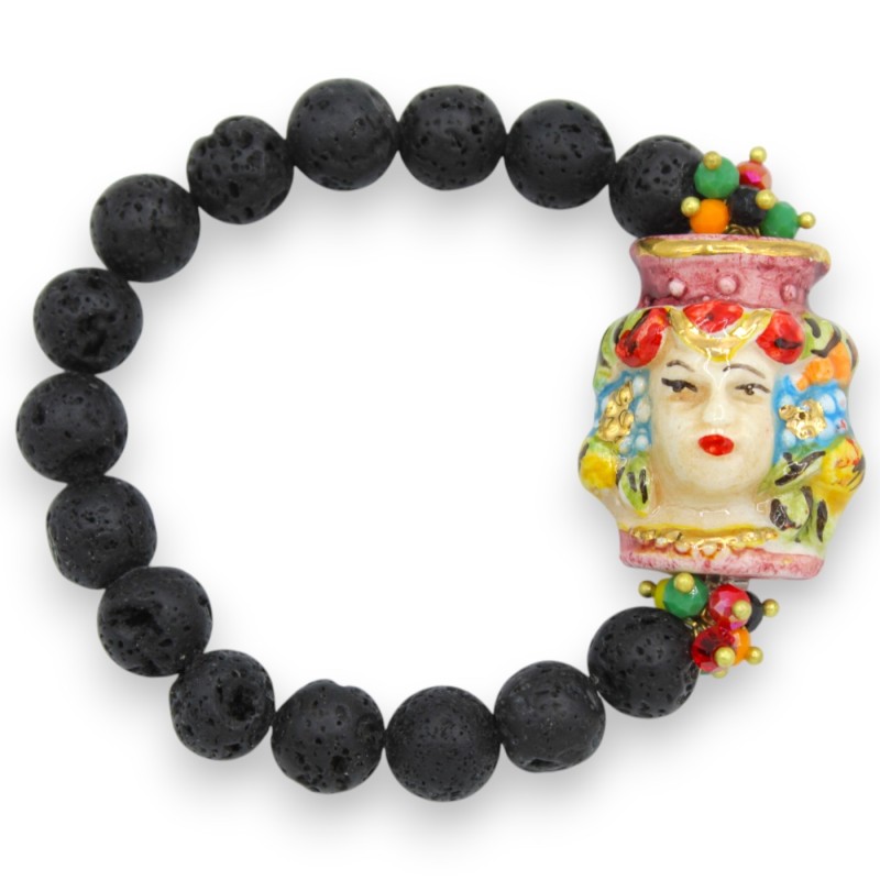 Pulsera con esferas de piedra volcánica, de aprox. 18 cm de largo. Cabeza de moro siciliano, cerámica de Caltagirone, es
