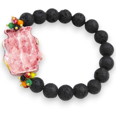 Pulsera con esferas de piedra volcánica, de aprox. 18 cm de largo. Cabeza de moro siciliano, cerámica de Caltagirone, es