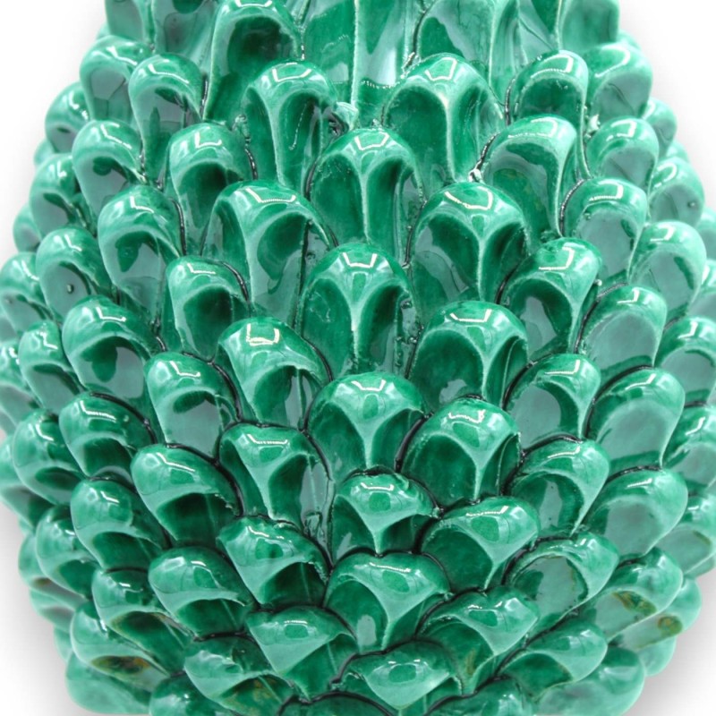 Sicilian Pine Cone in Caltagirone Ceramic, Verdigris, 2 sizes (1 Unit) with Flower and Geometric Decoration - 