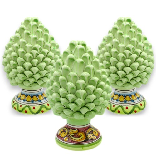 Pomme de pin sicilienne, céramique de Caltagirone, environ 20/22 cm de hauteur (1 unité), vert clair, avec tige et décor