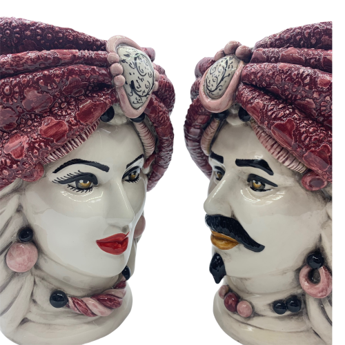 Paar dunkelbraune Caltagirone-Köpfe mit Turbanen, Höhe ca. 27 cm -  2