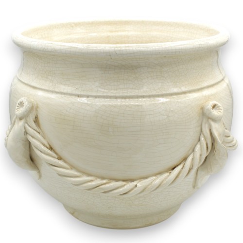 Cache-pot avec corde, en céramique de haute qualité, environ Ø 30 x H 27 cm. Blanc antique. - 