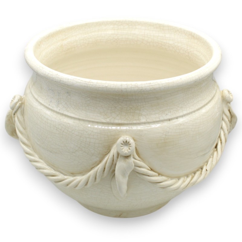 Maceta Cachepot con cuerda, de cerámica de alta calidad, aprox. Ø 30 x H 27 cm. Color blanco antiguo. - 