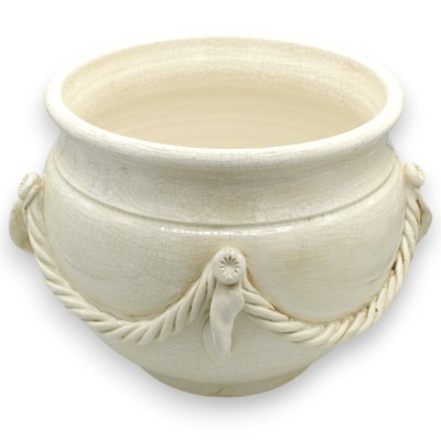Maceta Cachepot con cuerda, de cerámica de alta calidad, aprox. Ø 30 x H 27 cm. Color blanco antiguo. - 