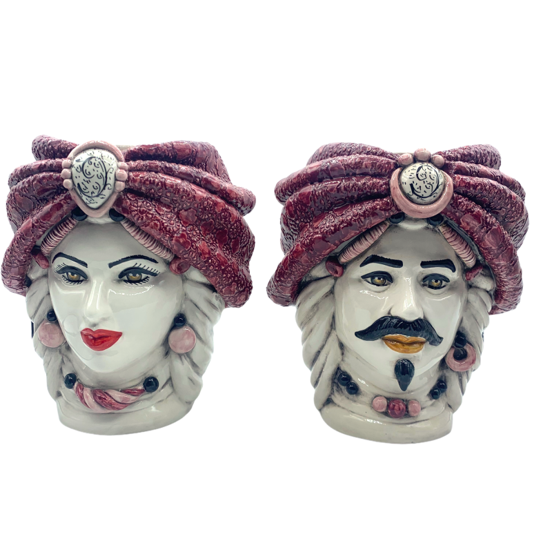 Paar dunkelbraune Caltagirone-Köpfe mit Turbanen, Höhe ca. 27 cm - 