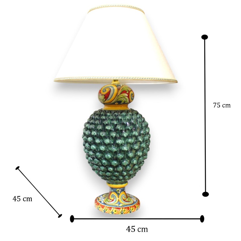 Caltagirone keramische dennenappellamp, ca. 75 cm hoog. Verdigris, veelkleurige steel en veelkleurige decoratie. - 