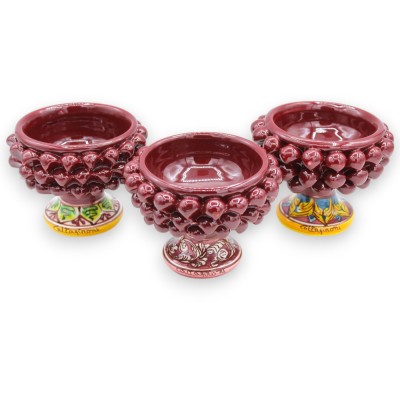 Caltagirone ceramic half pine cone vase, Ø 12 x 9 cm approx. (1 unit) Bordeaux, random stem decoration - 