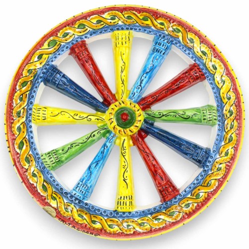 Koło wozu sycylijskiego, ceramika z Caltagirone, Ø ok. 34 cm. Wielobarwna, pleciona dekoracja. - 