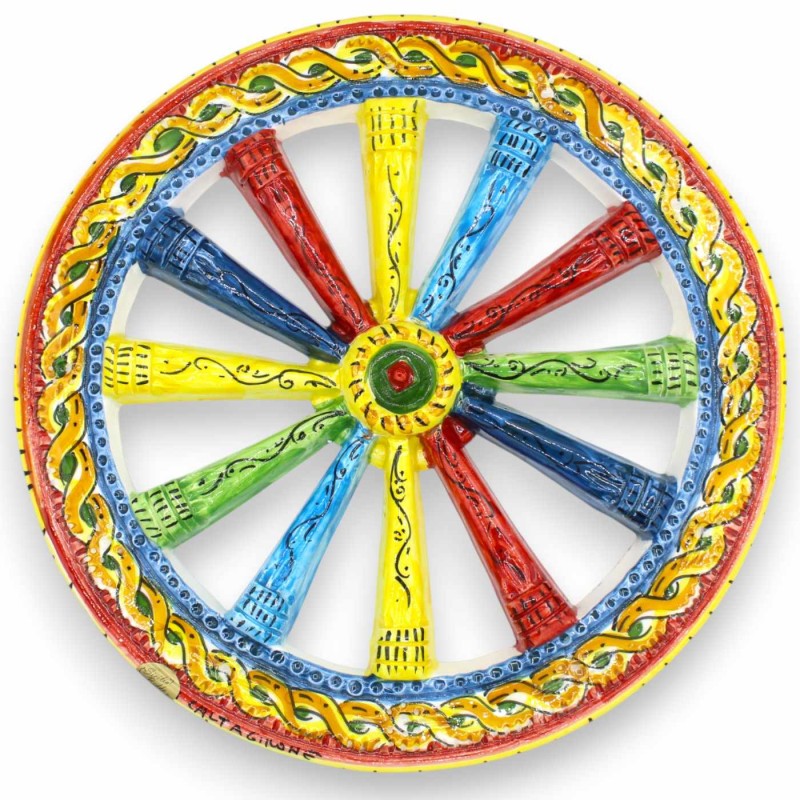 Koło wozu sycylijskiego, ceramika z Caltagirone, Ø ok. 34 cm. Wielobarwna, pleciona dekoracja. - 
