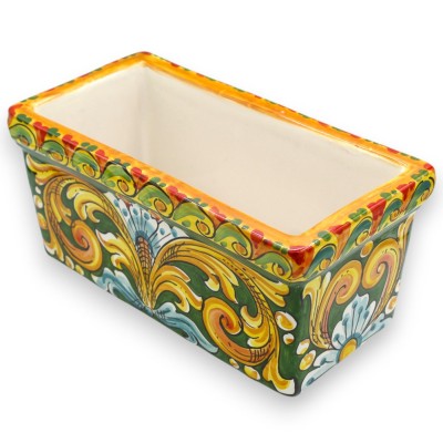 Rectangular vase, Caltagirone ceramic, Various size options - (1 unit) Baroque decoration and flower, green background -