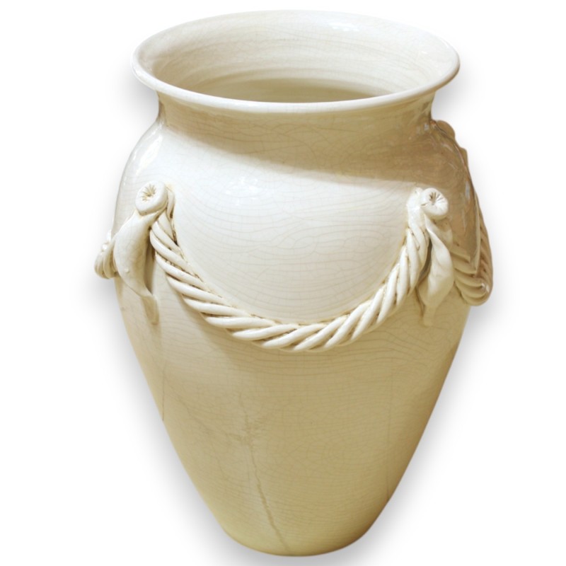 Grand porte-parapluie en pot, blanc antique, h 50 x Ø 40 cm environ, avec application de corde tout autour, effet craque