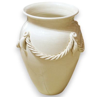 Grand porte-parapluie en pot, blanc antique, h 50 x Ø 40 cm environ, avec application de corde tout autour, effet craque