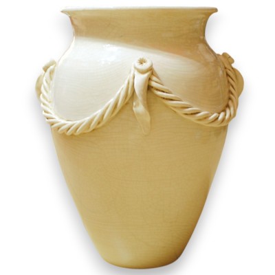 Grand porte-parapluie en pot, blanc antique, h 50 x Ø 40 cm environ, avec application de corde tout autour, effet craque