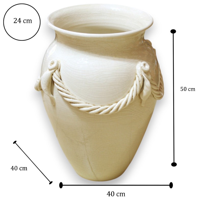 Grand porte-parapluie en pot, blanc antique, h 50 x Ø 40 cm environ, avec application de corde tout autour, effet craque