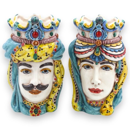 Sicilianska normandiska moriska huvuden (par) ca 18 cm höga, Caltagirone keramik MD12 - 