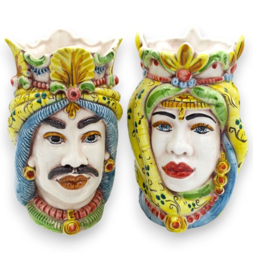 Paar Caltagirone keramische Moorse hoofden met kroon en tulband, ca. 18 cm hoog. MD8