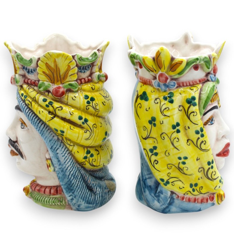 Paar maurische Köpfe aus Caltagirone-Keramik mit Krone und Turban, ca. 18 cm hoch. MD8 - 