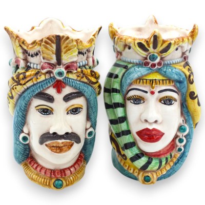 Cabeças mouriscas sicilianas com coroa e turbante (par), aprox. 18 cm de altura, cerâmica Caltagirone, MD6 - 