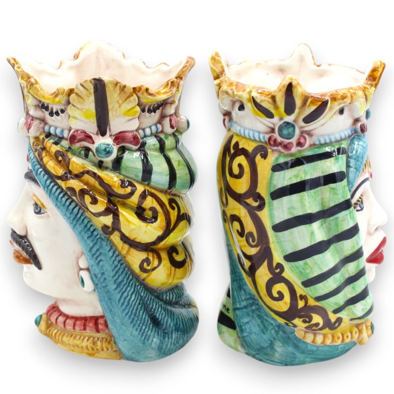 Sicilian Moorish heads with crown and turban (pair), approx. 18 cm high, Caltagirone ceramic, MD6 - 