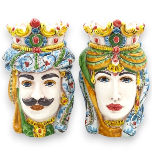 Siciliaanse Normandische Moorse hoofden (paar) ca. 18 cm hoog, Caltagirone keramiek MD15
