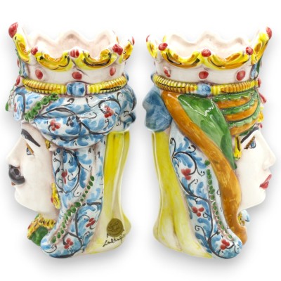 Sicilian Norman Moorish heads (pair) approx. 18 cm high, Caltagirone ceramic MD15 - 