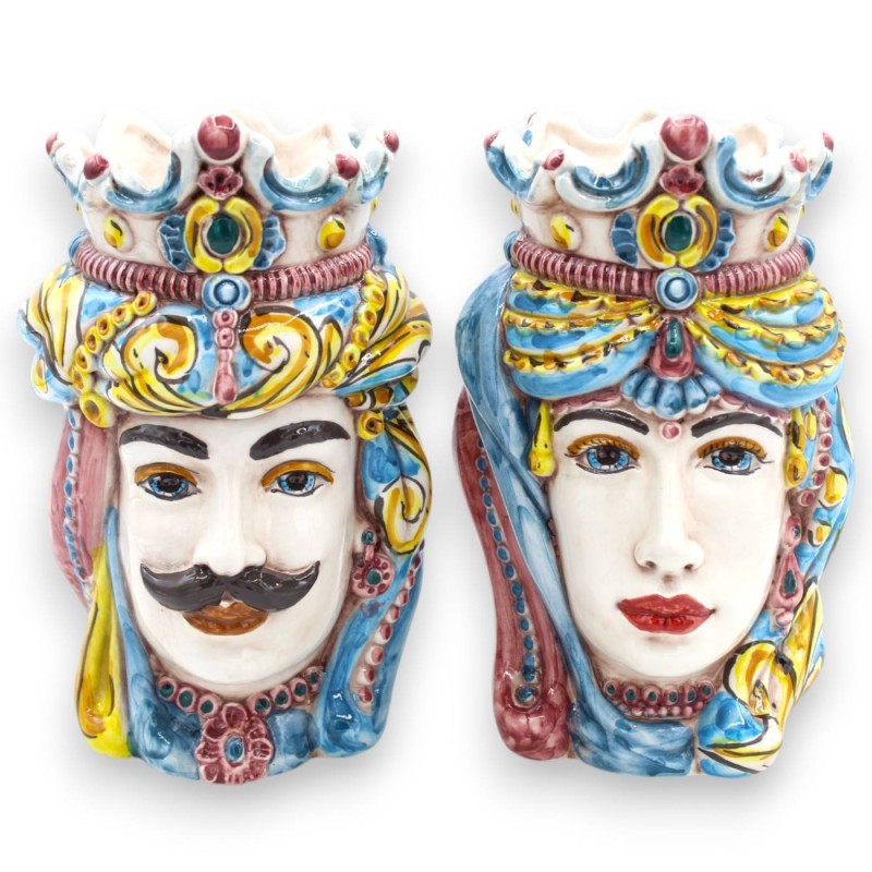 Siciliaanse Normandische Moorse hoofden (paar) ca. 18 cm hoog, Caltagirone keramiek MD11 - 