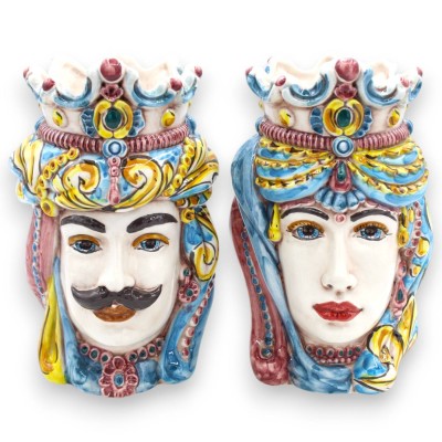 Siciliaanse Normandische Moorse hoofden (paar) ca. 18 cm hoog, Caltagirone keramiek MD11 - 