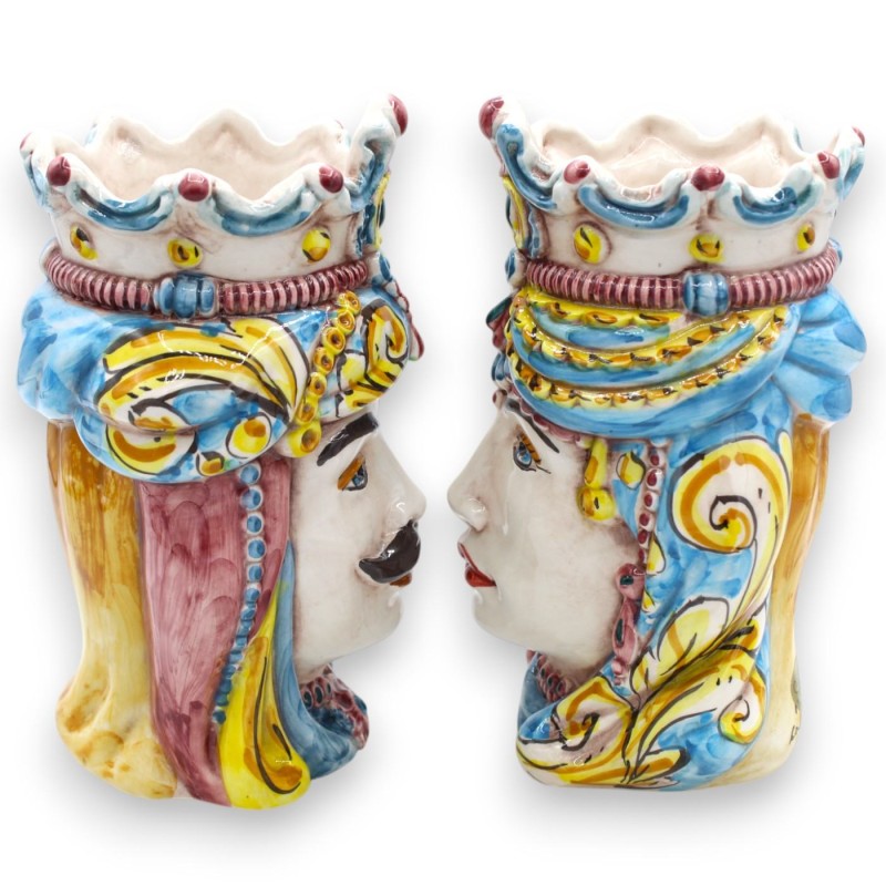Siciliaanse Normandische Moorse hoofden (paar) ca. 18 cm hoog, Caltagirone keramiek MD11 - 
