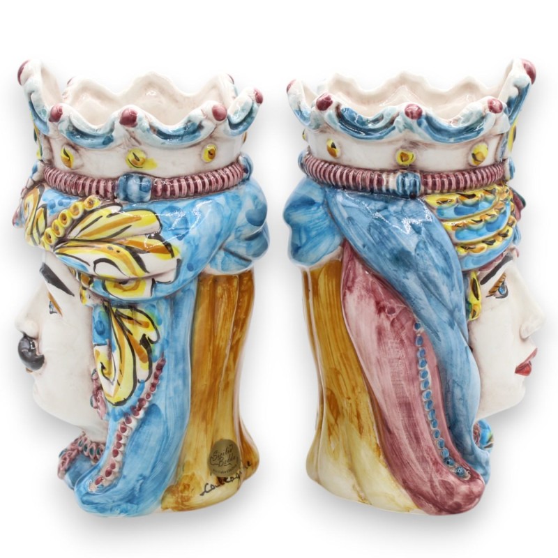 Siciliaanse Normandische Moorse hoofden (paar) ca. 18 cm hoog, Caltagirone keramiek MD11 - 