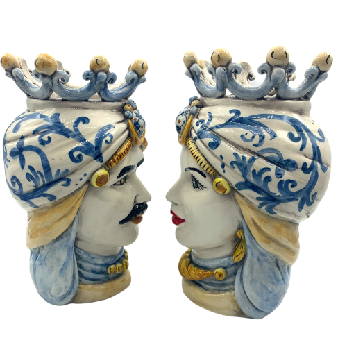 Paire de têtes Caltagirone marron foncé avec couronne - hauteur 25 cm Couronne classique à décor bleu -  2