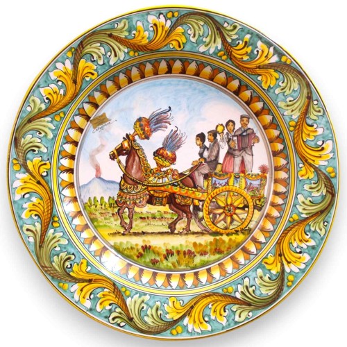 Caltagirone ornamental rimmed plate, Ø 55 cm approx., Sicilian and Baroque cart decoration, verdigris - 