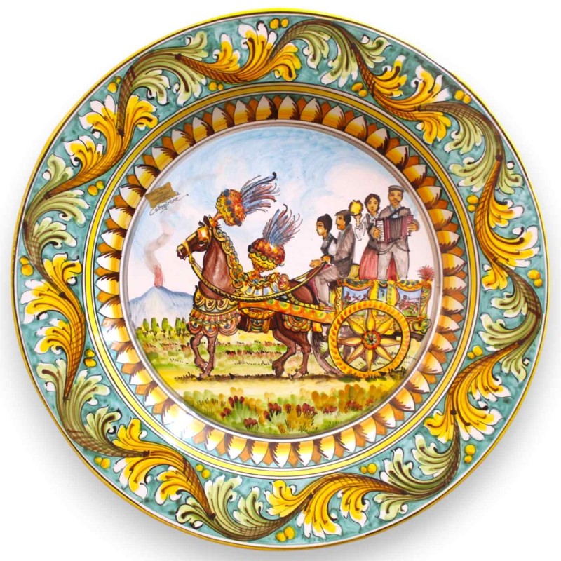 Caltagirone-Teller mit Ornamentrand, Ø ca. 55 cm, sizilianisches und barockes Karrendekor, Grünspan - 