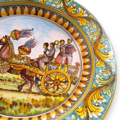 Caltagirone-Teller mit Ornamentrand, Ø ca. 55 cm, sizilianisches und barockes Karrendekor, Grünspan - 