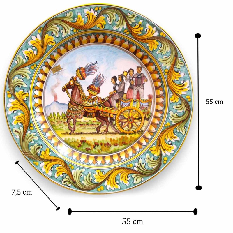 Caltagirone-Teller mit Ornamentrand, Ø ca. 55 cm, sizilianisches und barockes Karrendekor, Grünspan - 