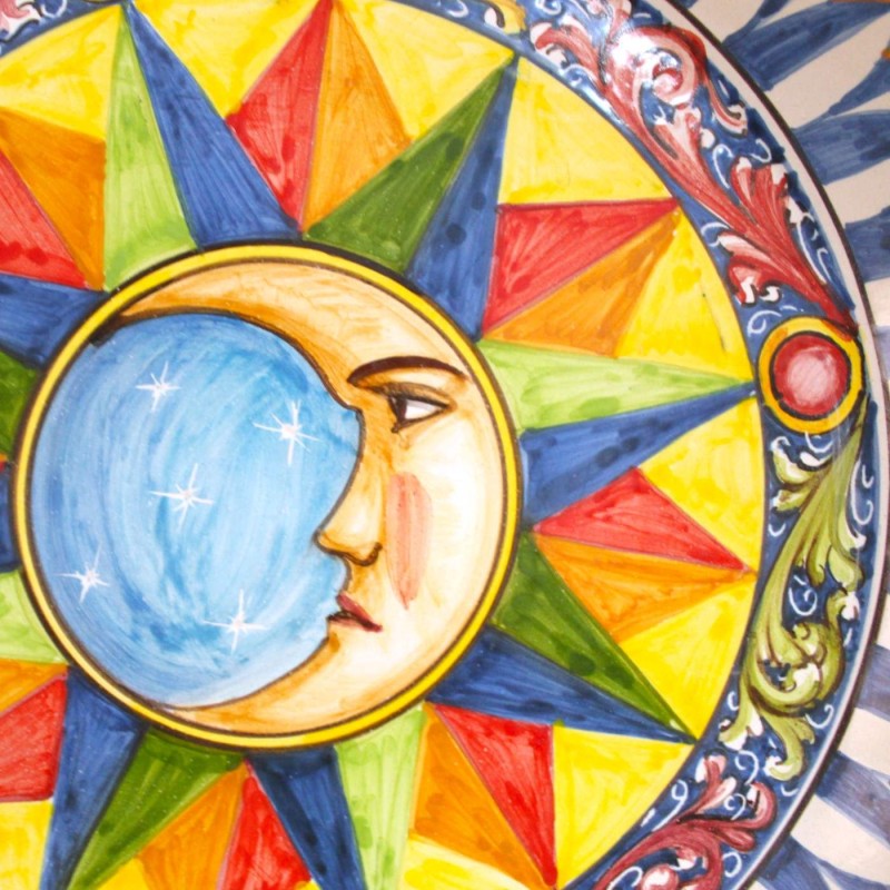 Caltagirone ornamental rimmed plate, Ø 55 cm approx., with Moon, Sicilian Cart and Baroque decorations. - 