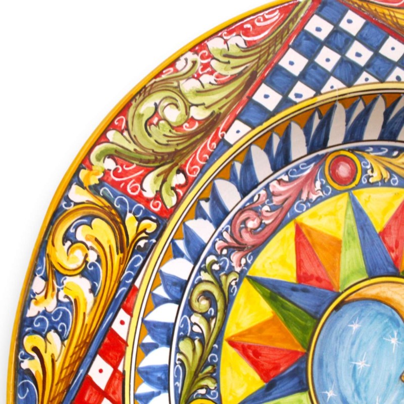 Caltagirone ornamental rimmed plate, Ø 55 cm approx., with Moon, Sicilian Cart and Baroque decorations. - 